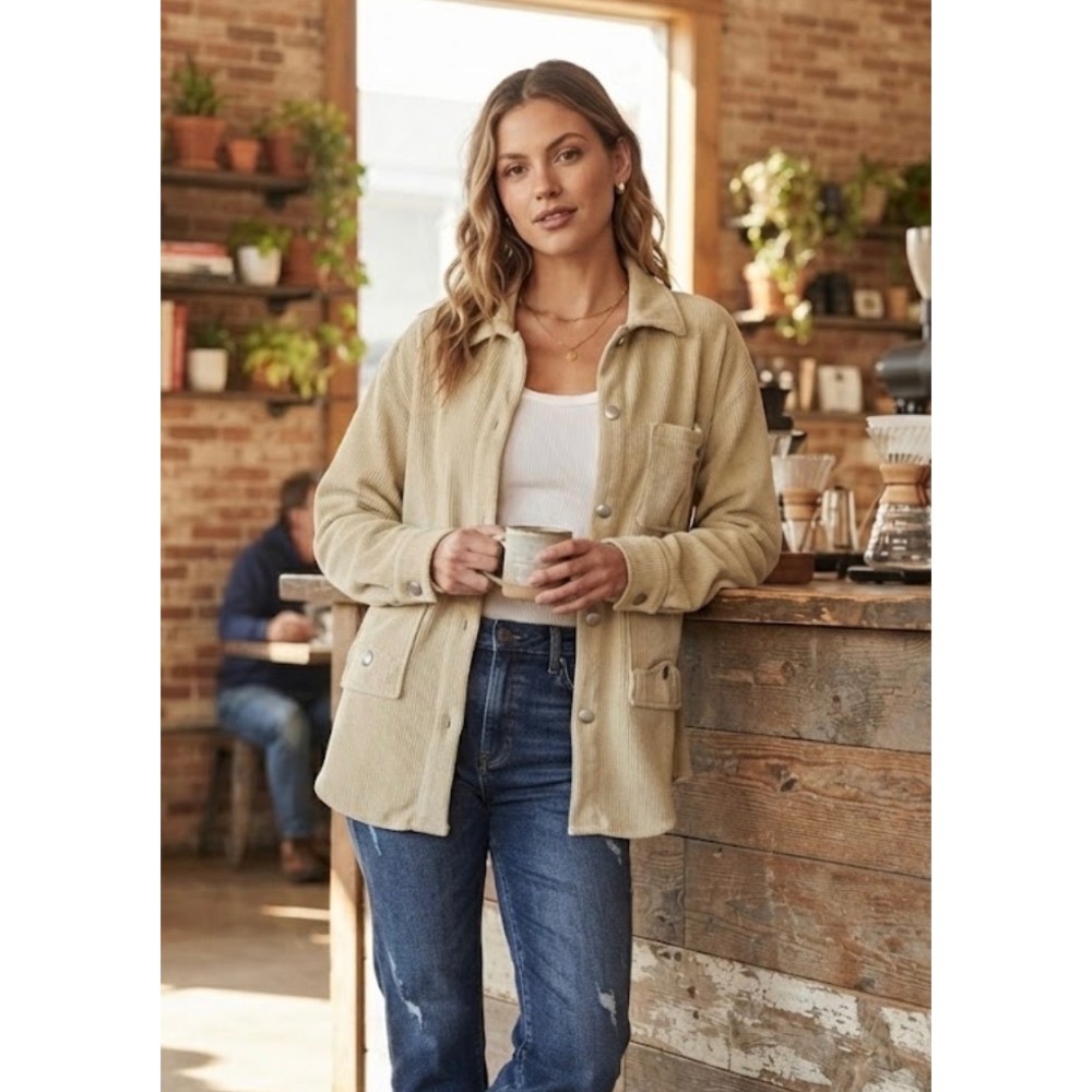 Altar'd State Tan Corduroy Shacket‎ Womens Medium Beige Button Down Shirt Jacket